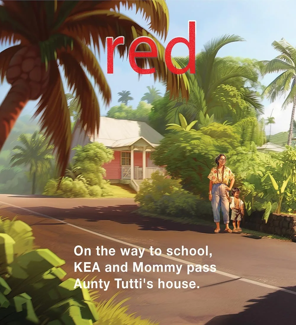 Pages from Little Kea's Big Trucks featuring a red car, with the color 'red' written in both English and ʻŌlelo Hawaiʻi.
