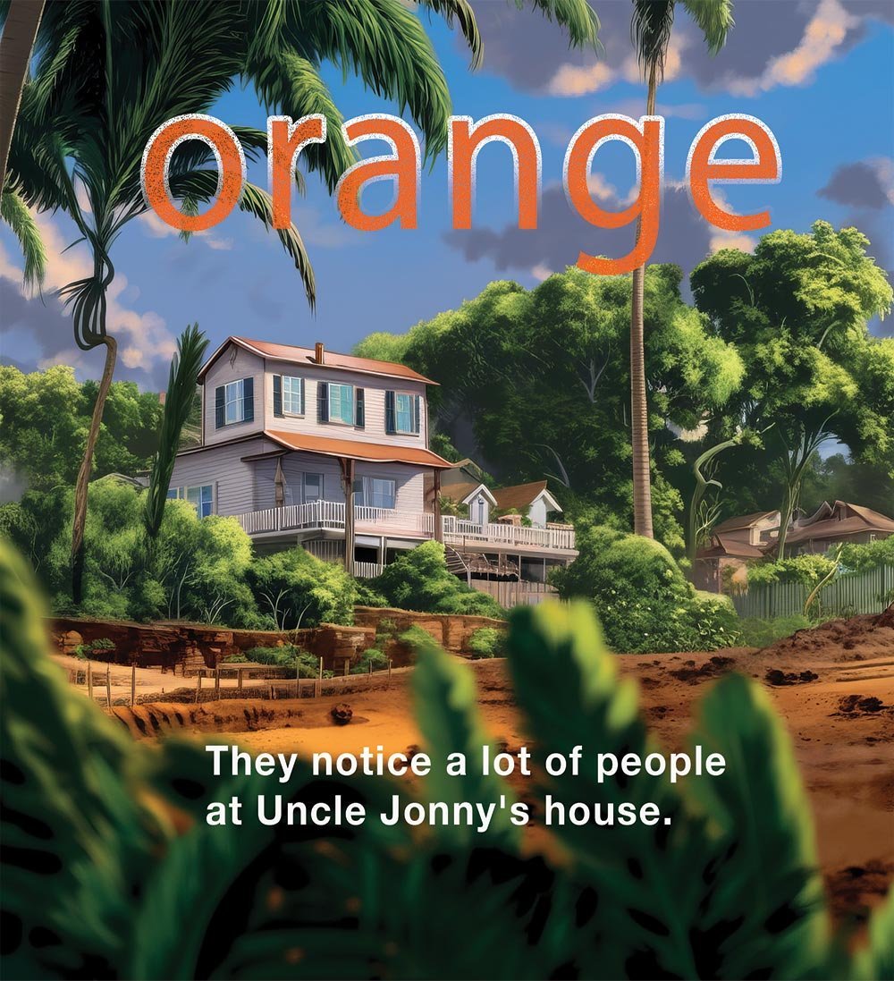 Pages from Little Kea's Big Trucks featuring an orange excavator, with the color 'orange' written in both English and ʻŌlelo Hawaiʻi.