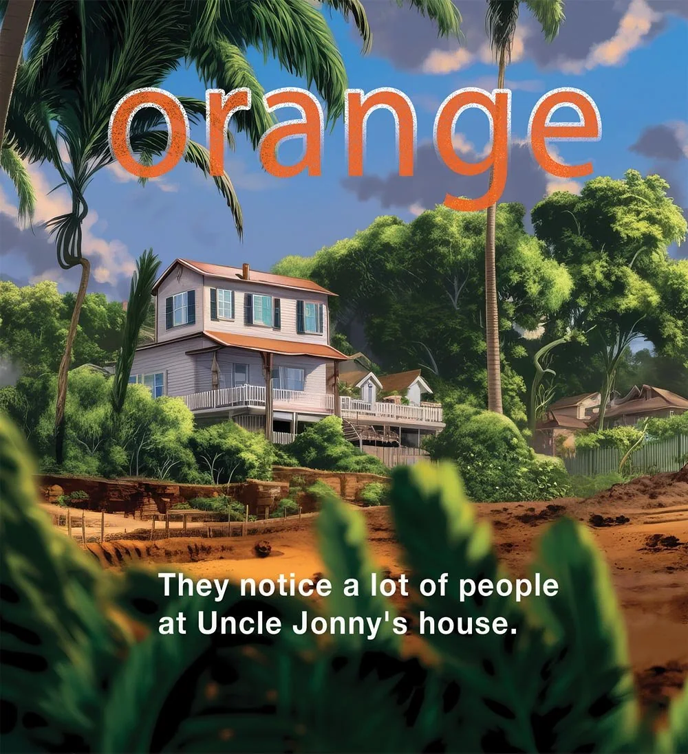 Pages from Little Kea's Big Trucks featuring an orange excavator, with the color 'orange' written in both English and ʻŌlelo Hawaiʻi.